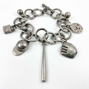 Vintage Jim Clift Pewter Baseball Fan Charm Bracelet Popcorn Bat Hat Balls Glove